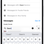 The search field in the Messages app appears at the bottom of the screen. The search field contains the name of a person, and several options matching the search appear above it.