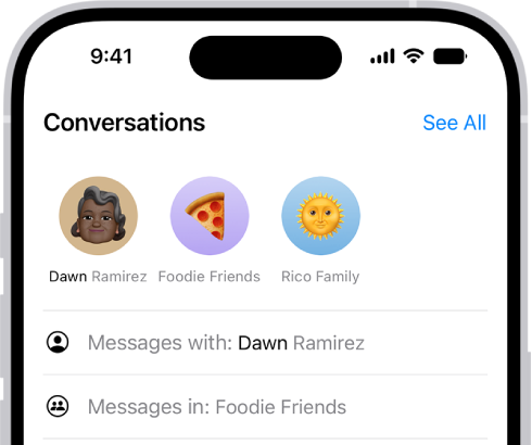The search field in the Messages app appears at the bottom of the screen. The search field contains the name of a person, and several options matching the search appear above it.