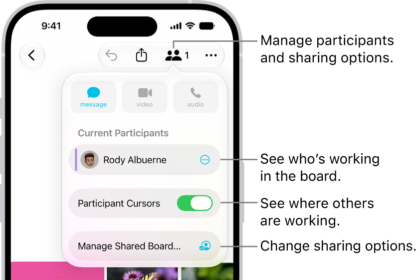 A shared Freeform board on iPhone with the collaboration menu open.