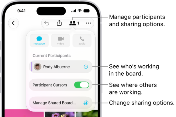 A shared Freeform board on iPhone with the collaboration menu open.