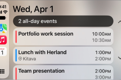 CarPlay showing Maps, Music, and Calendar in the Sidebar. To the right are events for the current day.