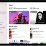 The New tab showing the sidebar on the left and the New section at the right. The New tab shows featured music at the top. Swipe left to see more featured music and videos. The Best New Songs section appears below. The MiniPlayer is at the bottom.
