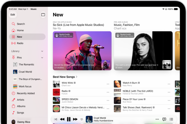 The New tab showing the sidebar on the left and the New section at the right. The New tab shows featured music at the top. Swipe left to see more featured music and videos. The Best New Songs section appears below. The MiniPlayer is at the bottom.