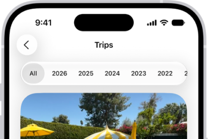 Trips is open in the Photos app. A row of years appears along the top of the screen. All is selected, and below it are collections of photos, each from a different trip.