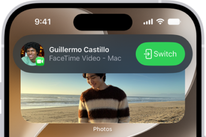 The iPhone Home Screen showing a FaceTime video call notification from an iPad at the top. Tap the Switch button to the right of the notification to move the call to your iPhone