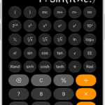 iPhone showing the scientific calculator with memory, exponential, logarithmic, and trigonometric functions.