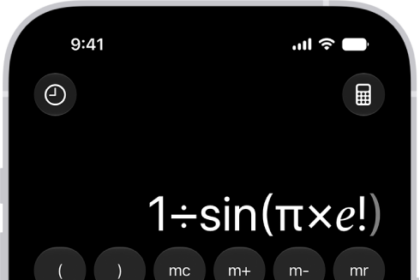 iPhone showing the scientific calculator with memory, exponential, logarithmic, and trigonometric functions.