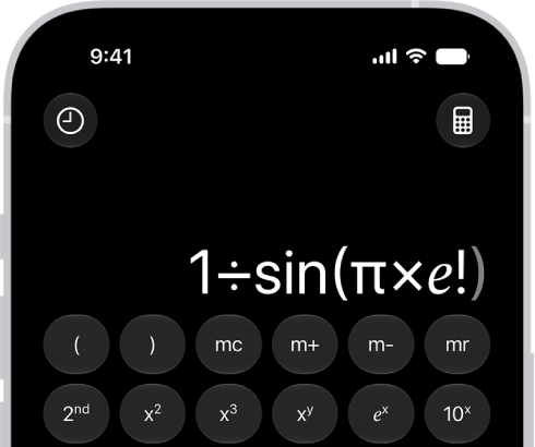 iPhone showing the scientific calculator with memory, exponential, logarithmic, and trigonometric functions.