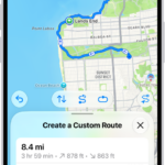 A custom route in the Maps app, with distance, elevation profile, estimated time, and options to save or get directions to the start of the route.