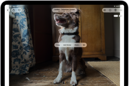The Photos app is open to a photo of a dog. The dog is selected, and the option Add Sticker is available in the menu above.
