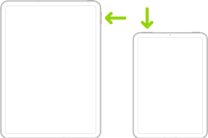 Two different iPad models shown from the front. The model on the left has the volume buttons near the upper-right side and the top button on the top right. The model on the right has the volume buttons on the top left and the top/Touch ID button on the top right.