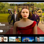 The Home tab showing a featured Apple Original in the center, above the Continue Watching row. At the top of the screen, from left to right, are the Home, Apple TV, MLS, Store, Recent Purchases, and Search tabs.