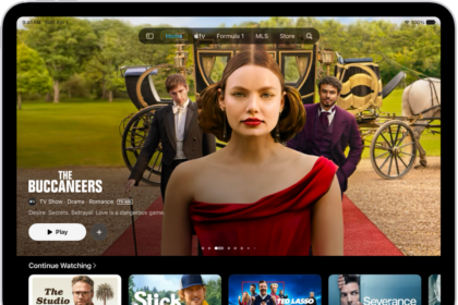 The Home tab showing a featured Apple Original in the center, above the Continue Watching row. At the top of the screen, from left to right, are the Home, Apple TV, MLS, Store, Recent Purchases, and Search tabs.