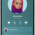 A contact named Olivia Rico with She, Her, and Hers pronouns below the contact photo. Below her name are buttons to send a message, call, mail, and use Apple Pay. At the bottom of the screen are the contact's mobile number and email address.