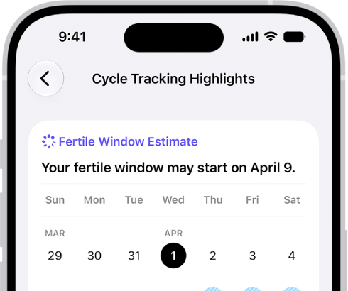 The Cycle Tracking highlights screen in Health showing calendars for fertile window estimates and period predictions.