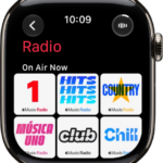 The Radio screen showing three Apple Music stations. The Now Playing button is at the top right. The Back button is at the top left.