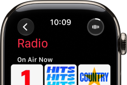 The Radio screen showing three Apple Music stations. The Now Playing button is at the top right. The Back button is at the top left.
