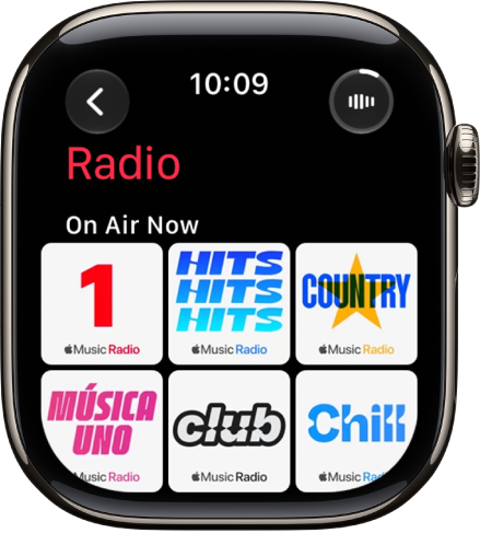 The Radio screen showing three Apple Music stations. The Now Playing button is at the top right. The Back button is at the top left.
