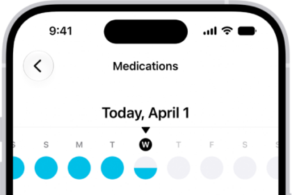 The Medications screen in Health showing the date and a log for medications.