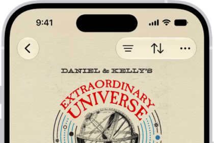 A show page in the Podcasts app showing an episode list. At the top of the screen are the Back, Follow, and More buttons. Toward the bottom of the screen is the MiniPlayer. Below that are the Home, New, Library, and Search buttons.