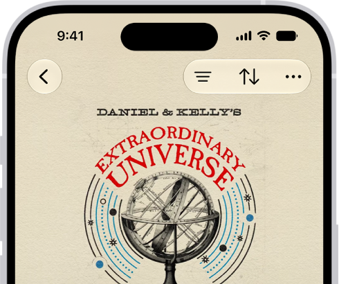 A show page in the Podcasts app showing an episode list. At the top of the screen are the Back, Follow, and More buttons. Toward the bottom of the screen is the MiniPlayer. Below that are the Home, New, Library, and Search buttons.