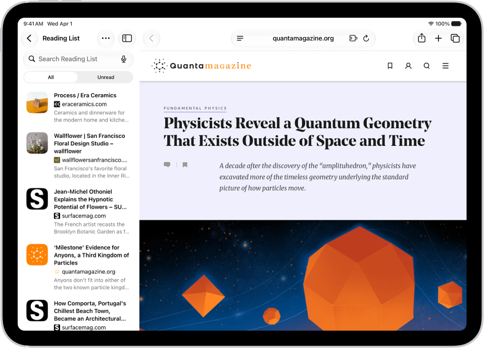In Safari, the Reading List is open in the sidebar on the left and displays a list of websites saved to the Reading List. A physics article appears on the right.