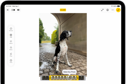 A Live Photo is in the center of the Edit screen in the Photos app. The frame viewer is across the bottom of the video and a yellow outline is around the selected frames to include in the edited Live Photo; a single frame is selected to make key photo. The editing tools are on the left side of the screen: from the top to bottom, Live Photo, Adjust, Filters, and Crop. Live Photo is selected.