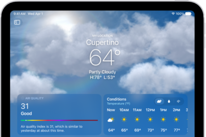 The Weather screen, showing the location, current temperature, the high and low temperatures for the day, hourly forecast, and 10-day forecast on the left side of the screen and a precipitation map and air quality scale on the right side of the screen.