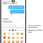 Stickers appear below a conversation. Each button across the top of the card opens a sticker pack.