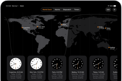 The World Clock tab, showing the time in various cities. The Edit button near the upper-left corner lets you reorder or delete clocks. The Add button near the upper-right corner lets you add more clocks. World Clock, Alarm, Stopwatch, and Timers buttons are along the bottom.