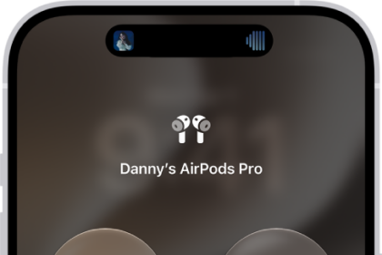 The volume screen in Control Center showing the volume level for AirPods Pro. Below the volume indicator on the left are the different listening modes—Transparency, Adaptive, and Noise Cancellation. Adaptive Audio is selected.