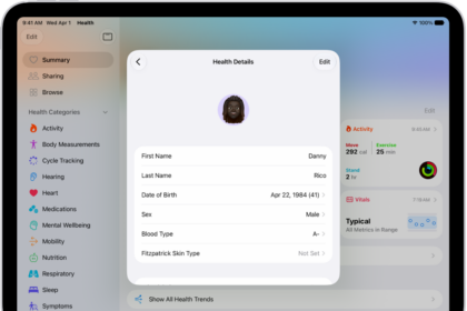 The Health Details screen, which includes fields for name, birth date, sex, blood type, and other information.