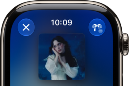 The Now Playing screen in the Music app. Album art is in the middle, the song title and artist are below. At the bottom of the screen are the Previous, Play/Pause, and Next buttons. The More Options button is at the top right. The Back button is at the top left.
