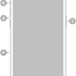 The front view of iPhone 15 Pro Max. The front camera is at the top center. The side button is on the right side. The USB-C connector is on the bottom. On the left side, from bottom to top, are the SIM tray, the volume buttons, and the Action button.