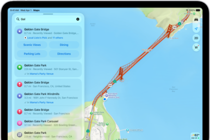 The Maps app showing a map of an area. The search field is in the top left, with results from a search query listed below.