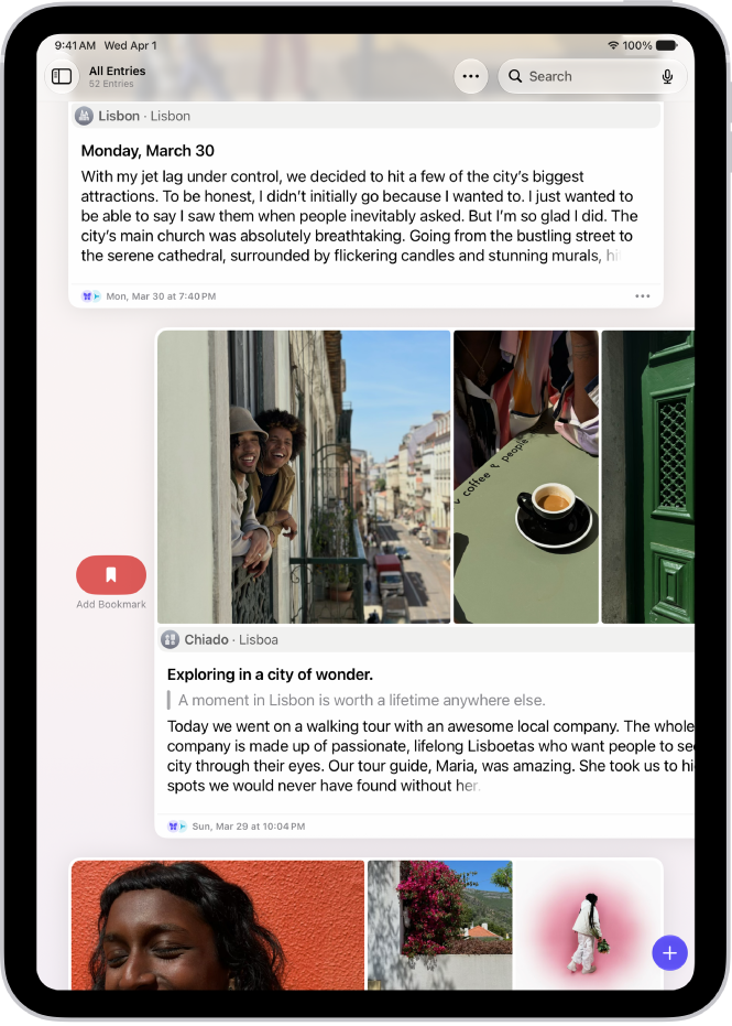 A screen in the Journal app showing journal entries. One entry is swiped right and shows the Bookmark button.