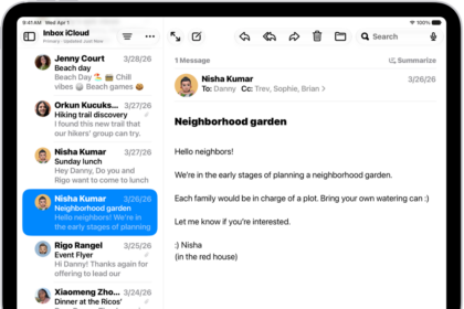 An iPad with the Mail app open. Emails are displayed with large, bold text.