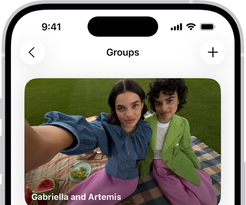 Groups is open in the People & Pets section of the Photos app, showing a list of collections labeled with the names of the people included in the group.