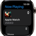 The Now Playing screen showing media on Apple Watch and on iPhone.