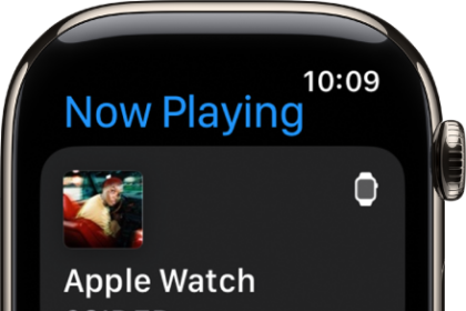 The Now Playing screen showing media on Apple Watch and on iPhone.