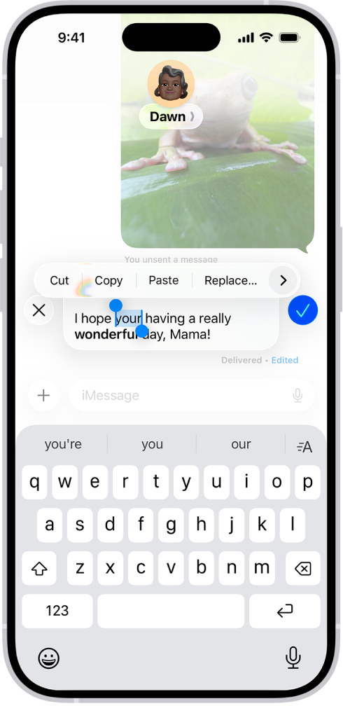 A conversation in Messages showing the last message being edited. The rest of the conversation is lighter, except for the specific text message thatās being edited. The conversation shows that a previous message was unsent, and this message was edited before this current edit.