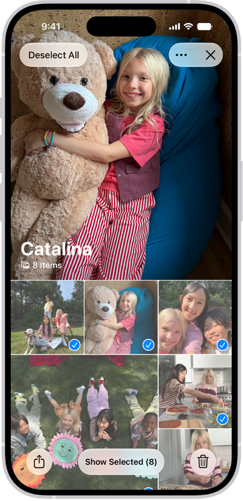 On iPhone, a collection is open in the Photos app, and all of the photos are selected.