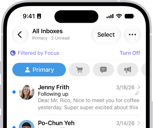 The Inbox, showing a list of messages. Above the list of messages is the label Filtered by Focus, and to the right of that it says Turn Off.