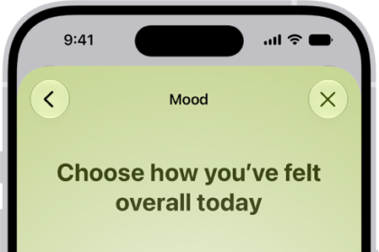 A screen in the Health app identifying the current mood as Slightly Pleasant. At the bottom of the screen is a slider to adjust the level of the emotion.