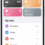 A Reminders screen showing a grid of Smart Lists, such as Today, Scheduled, and Flagged, each showing the number of items. Under the heading 'My Lists,' shows a list of custom reminder categories like Family, Work, and Camping Trip.