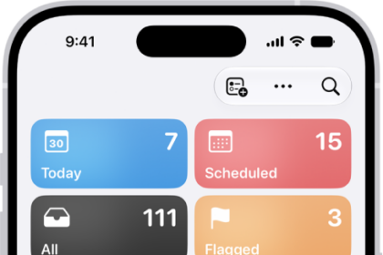 A Reminders screen showing a grid of Smart Lists, such as Today, Scheduled, and Flagged, each showing the number of items. Under the heading 'My Lists,' shows a list of custom reminder categories like Family, Work, and Camping Trip.