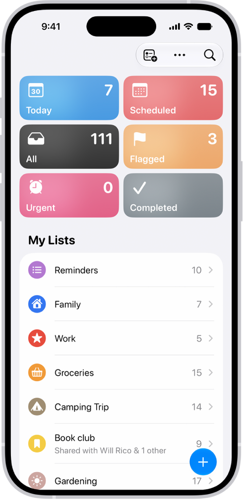 A Reminders screen showing a grid of Smart Lists, such as Today, Scheduled, and Flagged, each showing the number of items. Under the heading ‘My Lists,' shows a list of custom reminder categories like Family, Work, and Camping Trip.