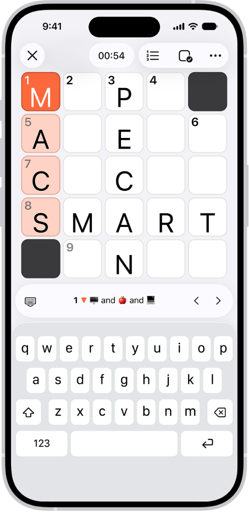 A partially filled mini crossword puzzle, with clues open at the bottom.