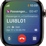The call screen showing the confirmation number for a ticket and flight information.