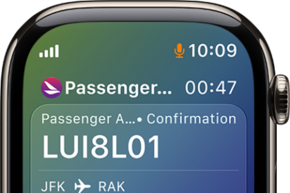 The call screen showing the confirmation number for a ticket and flight information.